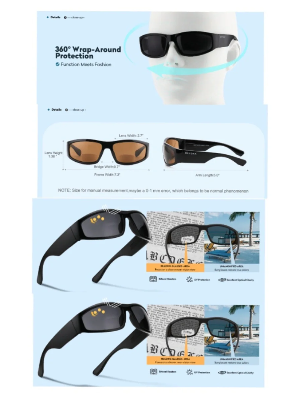 Women Or Mens Wrap Around Bifocal Reading Sunglasses 2 Pair 2.0 Diopter